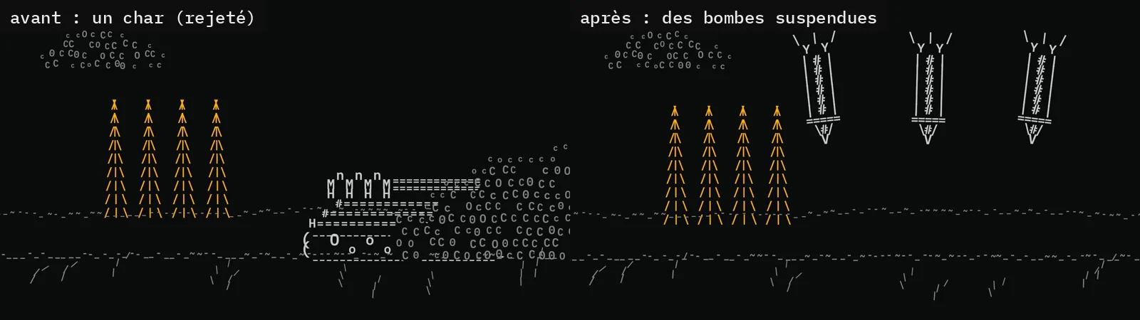 À gauche, la scène 3 avec un char fait de lettres ; à droite, la même scène avec trois bombes en lettres suspendues dans le ciel.