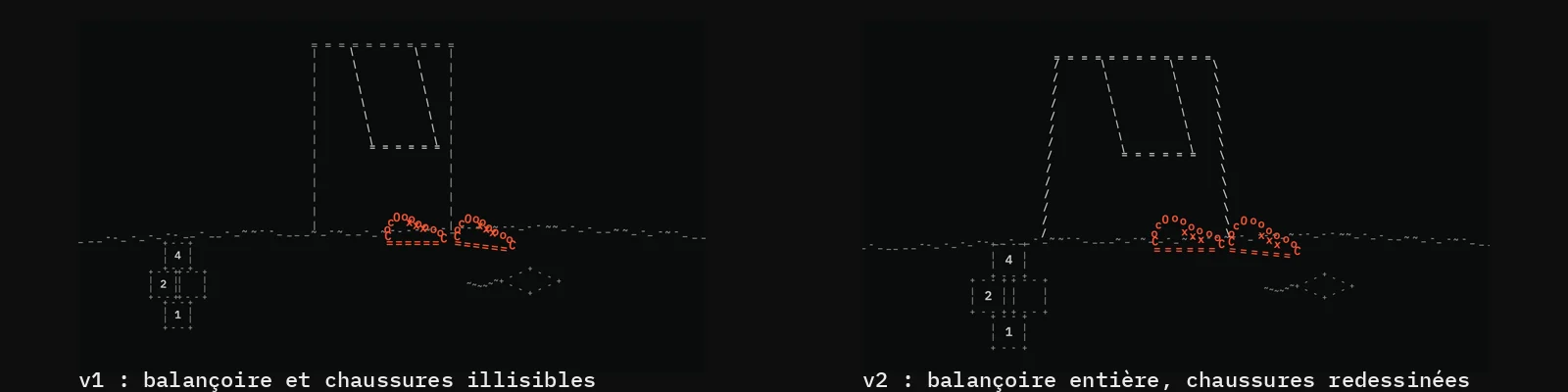 Deux images de la scène 4 à 640 pixels de large : à gauche la version 1, balançoire et chaussures illisibles ; à droite la version 2, balançoire entière et chaussures redessinées.