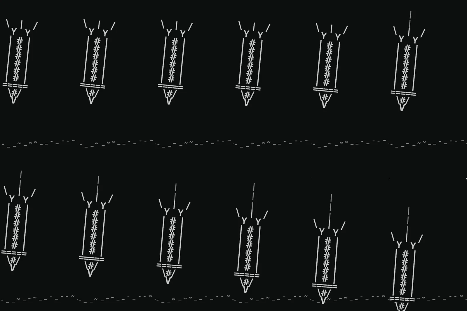 Douze images consécutives d'une bombe en lettres qui tombe, de plus en plus vite, avec une traîne de barres verticales qui apparaît au-dessus.